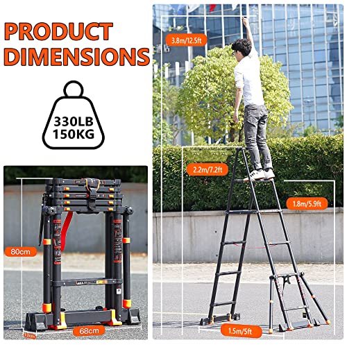 Telescoping Ladder with Stabilizers, 330lbs Capacity, Collapsible for Home Outdoor k7