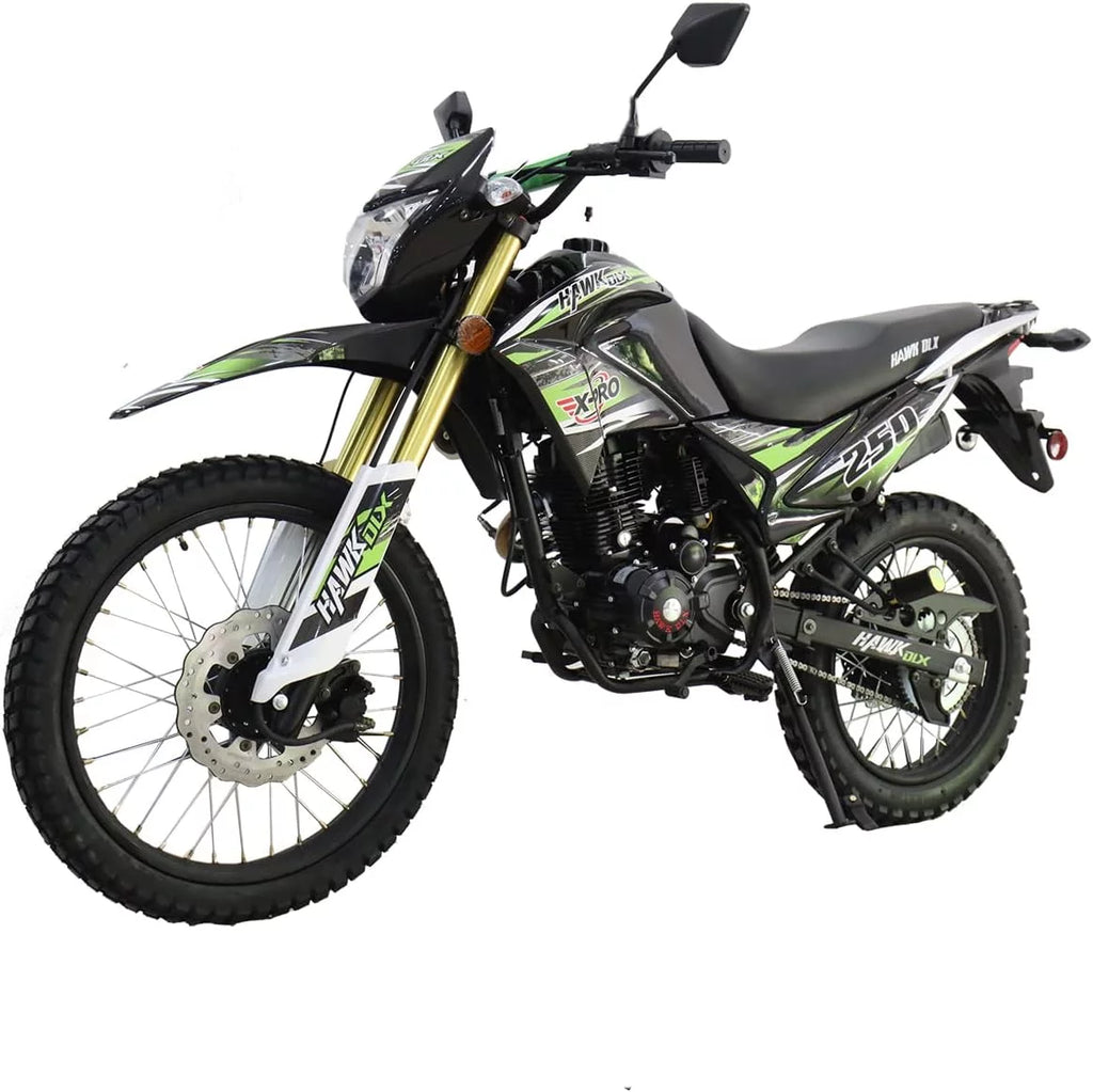 X-Pro Brand New Hawk Dlx 250cc Dirt Bike, 5 Manual Transmission Electric/Kick Start, 21"/18" Wheels - Curated Treasures Market