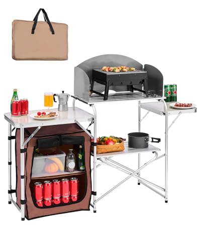 Camping Kitchen Table, Folding Outdoor Cooking Table with Storage Bag, Aluminum Cook Station, Quick Set-up for Picnics, BBQ, RV Traveling Brown k7