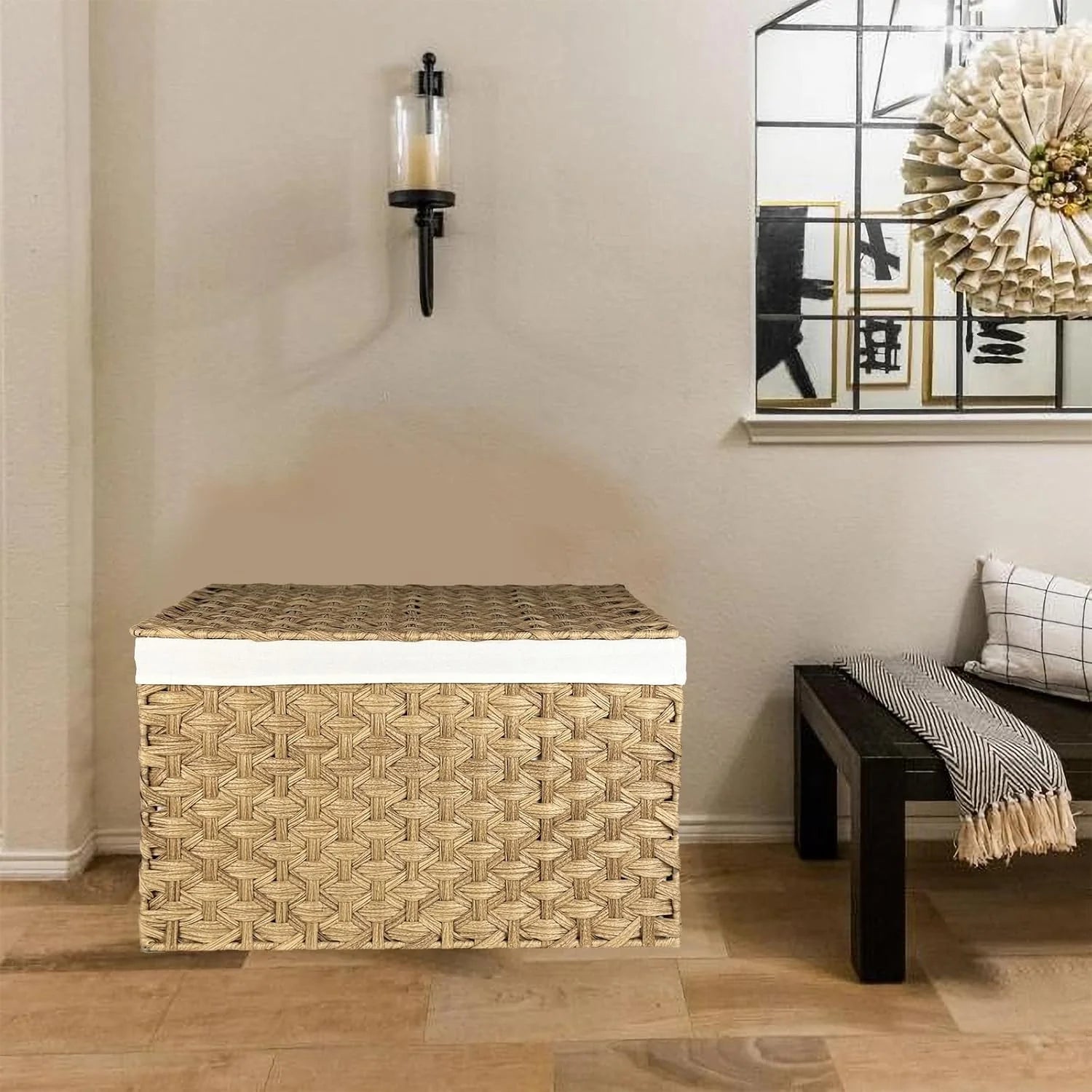 Wicker Storage Basket with Lid, 105L, Foldable, Brown K7m