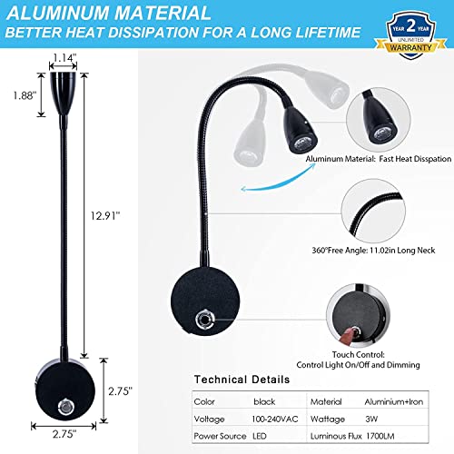 LED Wall Mount Reading Light Set of 2, 3W Gooseneck Lamp a7
