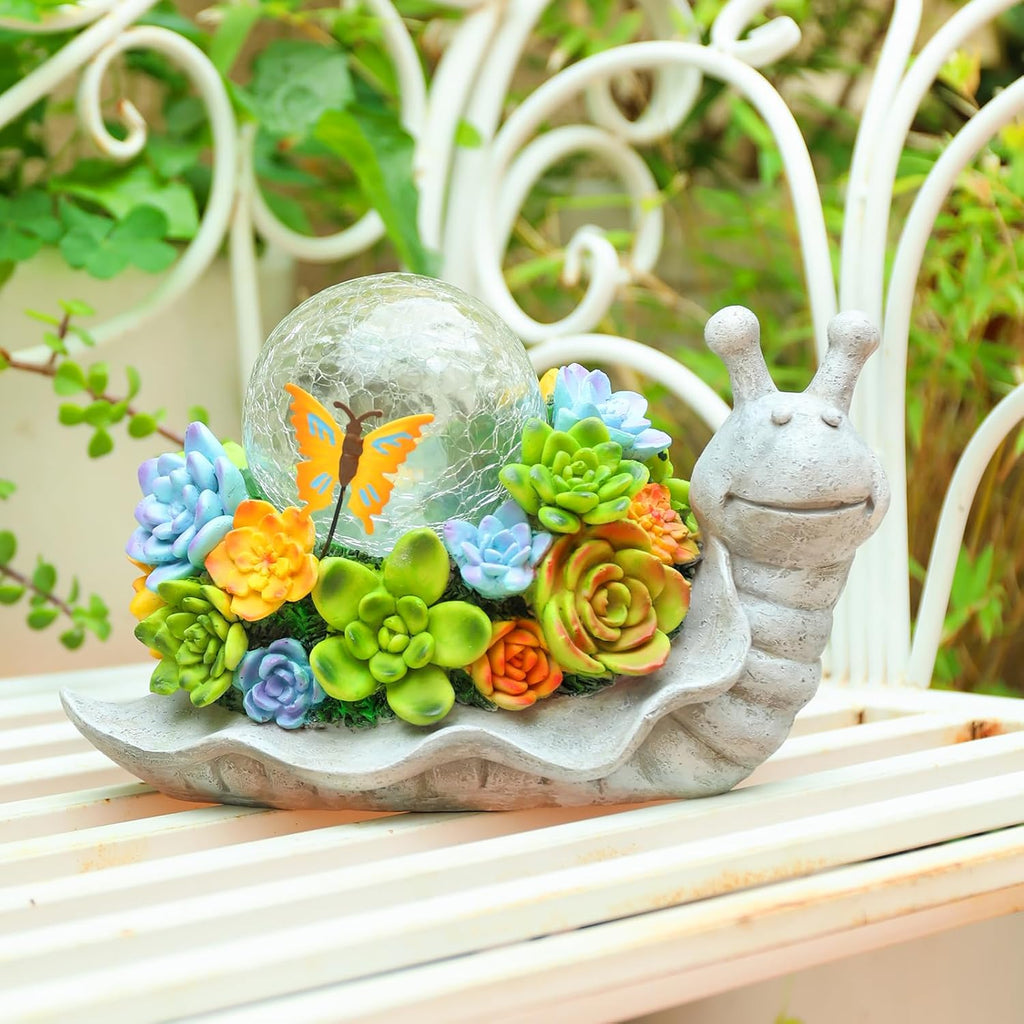 Solar Garden Snail Statue with Succulent Lawn Ornament q7