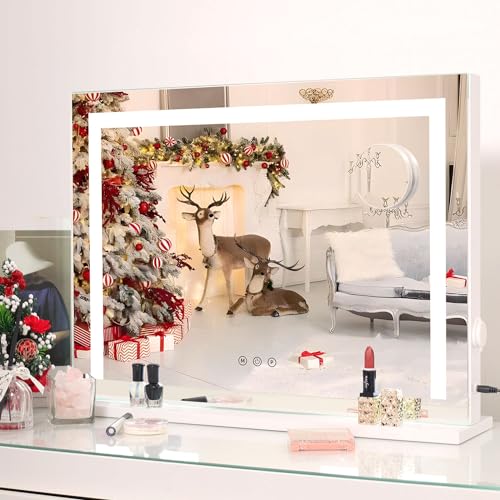 Makeup Mirror with Lights, Lighted vanity Mirror with Dimmable 3 Lighting Modes LED Strip, Wall-Mounted and Tabletop Dresser Mirror with USB Charging Port (22.83" x 18"), White