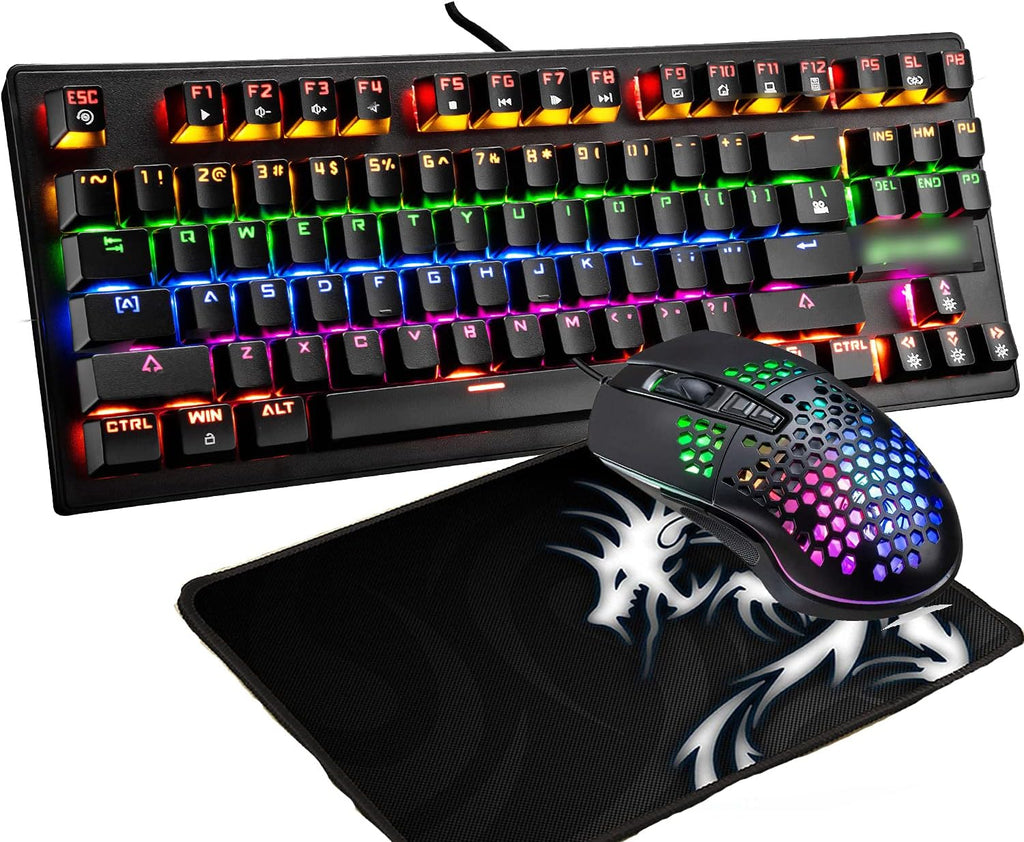 Mechanical Keyboard ,Wired Rainbow LED Backlit 87 Key Waterproof Gaming Keyboard + Gaming Mouse 6400 DPI RGB Mouse and Mousr pad for PC PS4(Black) Pack of 2
