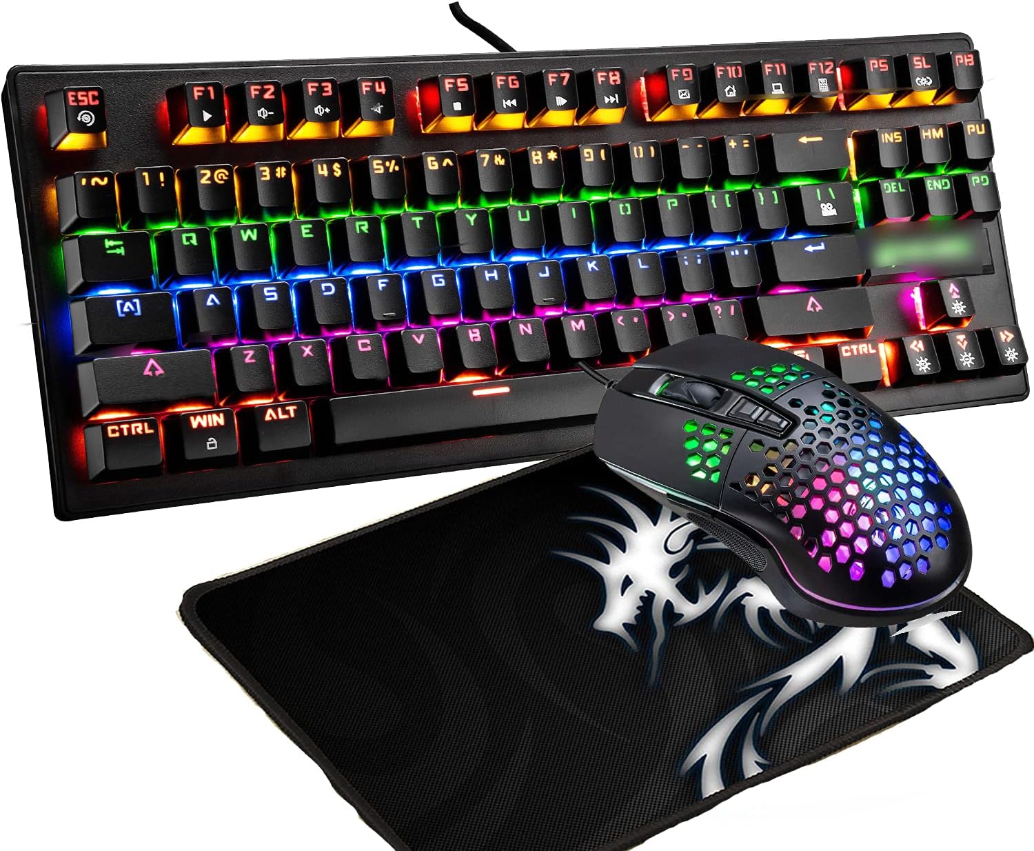 Mechanical Keyboard ,Wired Rainbow LED Backlit 87 Key Waterproof Gaming Keyboard + Gaming Mouse 6400 DPI RGB Mouse and Mousr pad for PC PS4(Black) Pack of 2