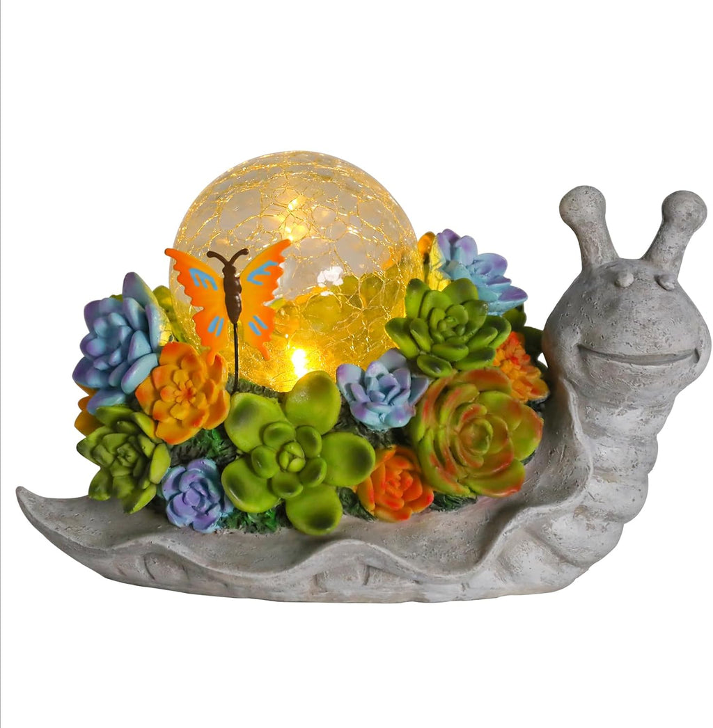 Solar Garden Snail Statue with Succulent Lawn Ornament q7