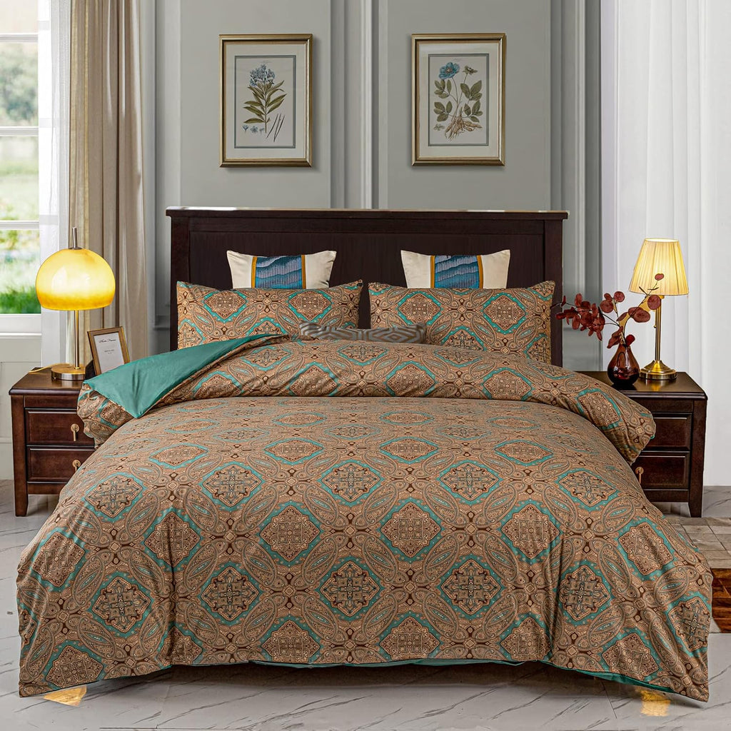 Duvet Cover Set with Zipper Queen White Green Leaves a7