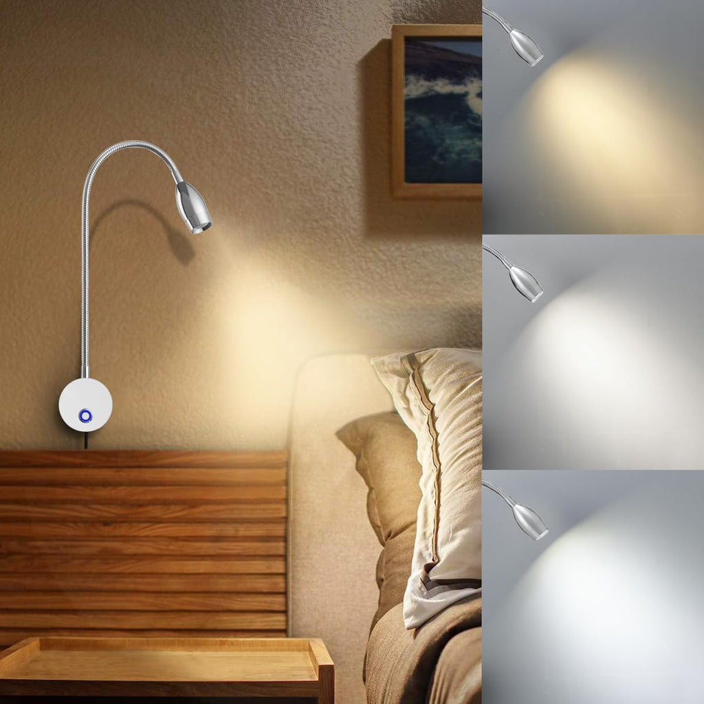 Dimmable LED Wall Reading Lamps, Flexible Gooseneck, 3 Color Modes, Set of 2 k7