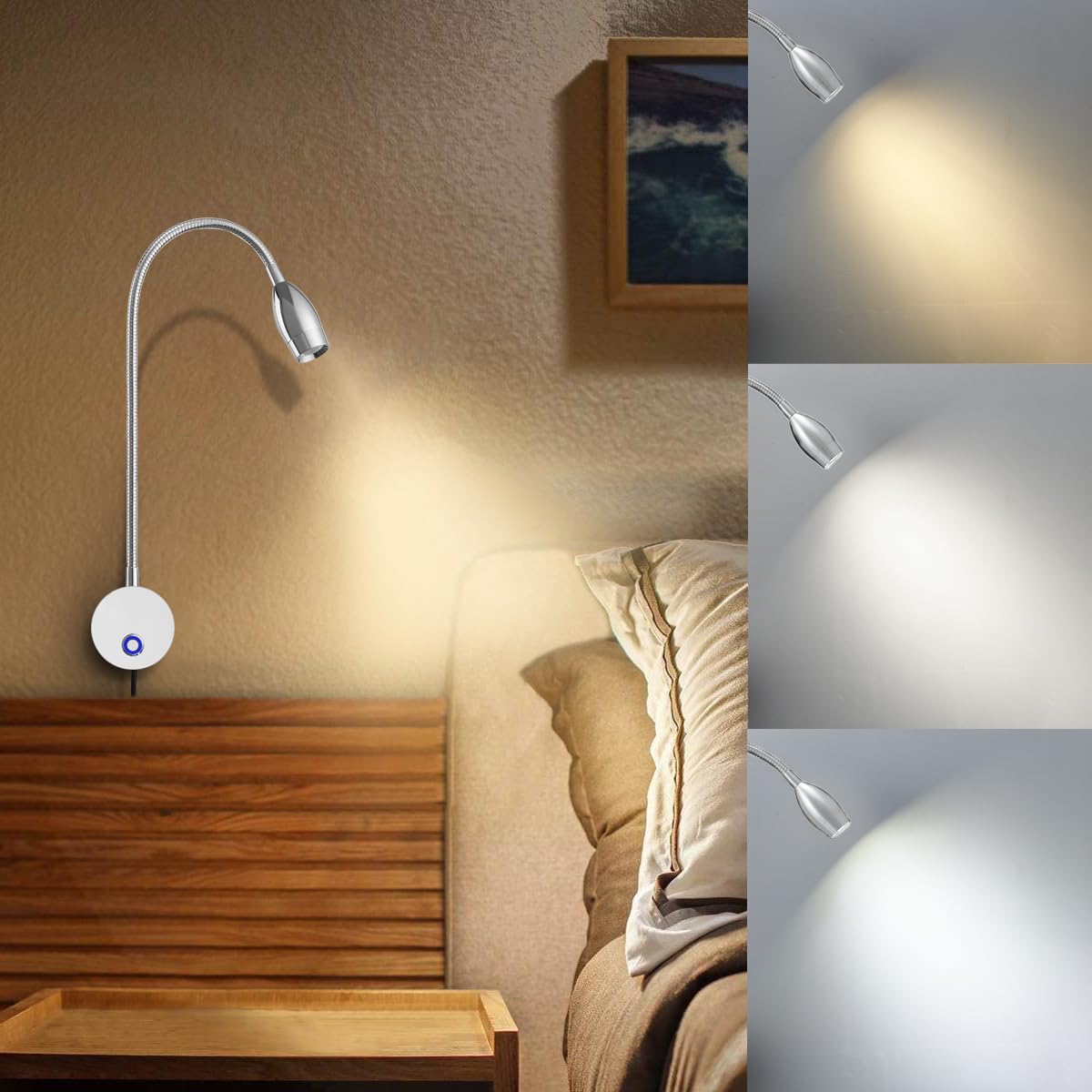 Dimmable LED Wall Reading Lamps, Flexible Gooseneck, 3 Color Modes, Set of 2 k7