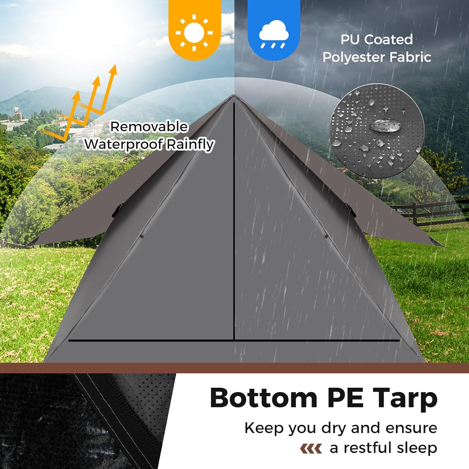 Pop Up Camping Tent for 2-3 Person, See-Through with Rainfly A7