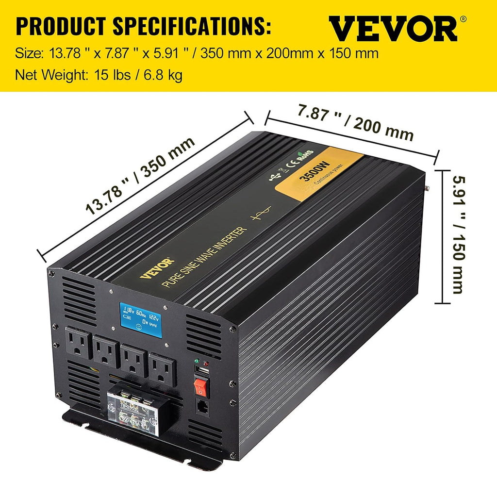 Pure Sine Wave Inverter 3500W DC 12V to AC 120V with Remote Controller A7