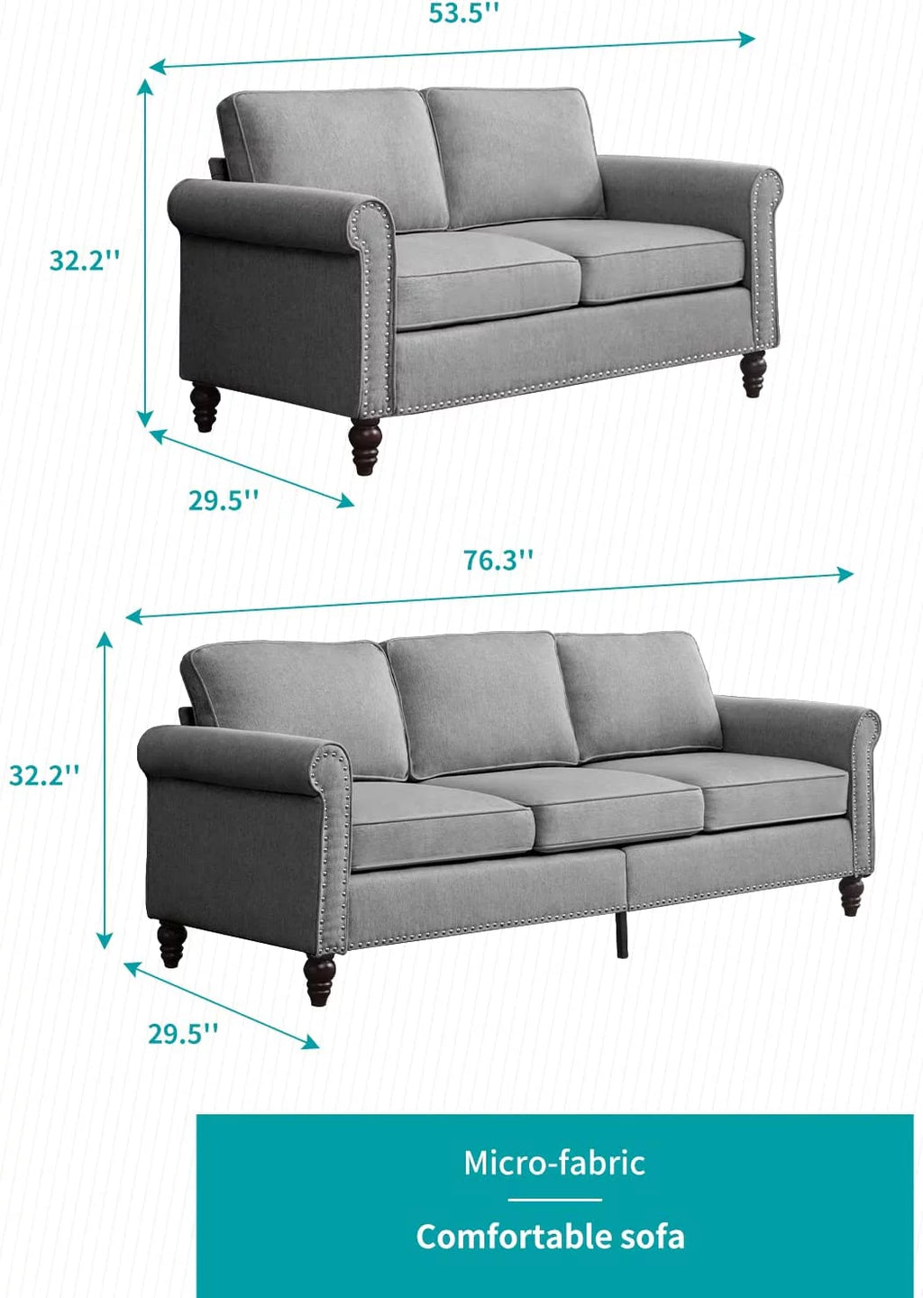 Sofa and Loveseat Set with Thick Cushion, Light Grey 7k