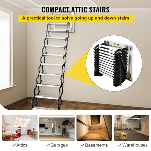 Attic Stairs Pull Down 12 Steps, Wall-Mounted Folding Ladder 9.8FT a7
