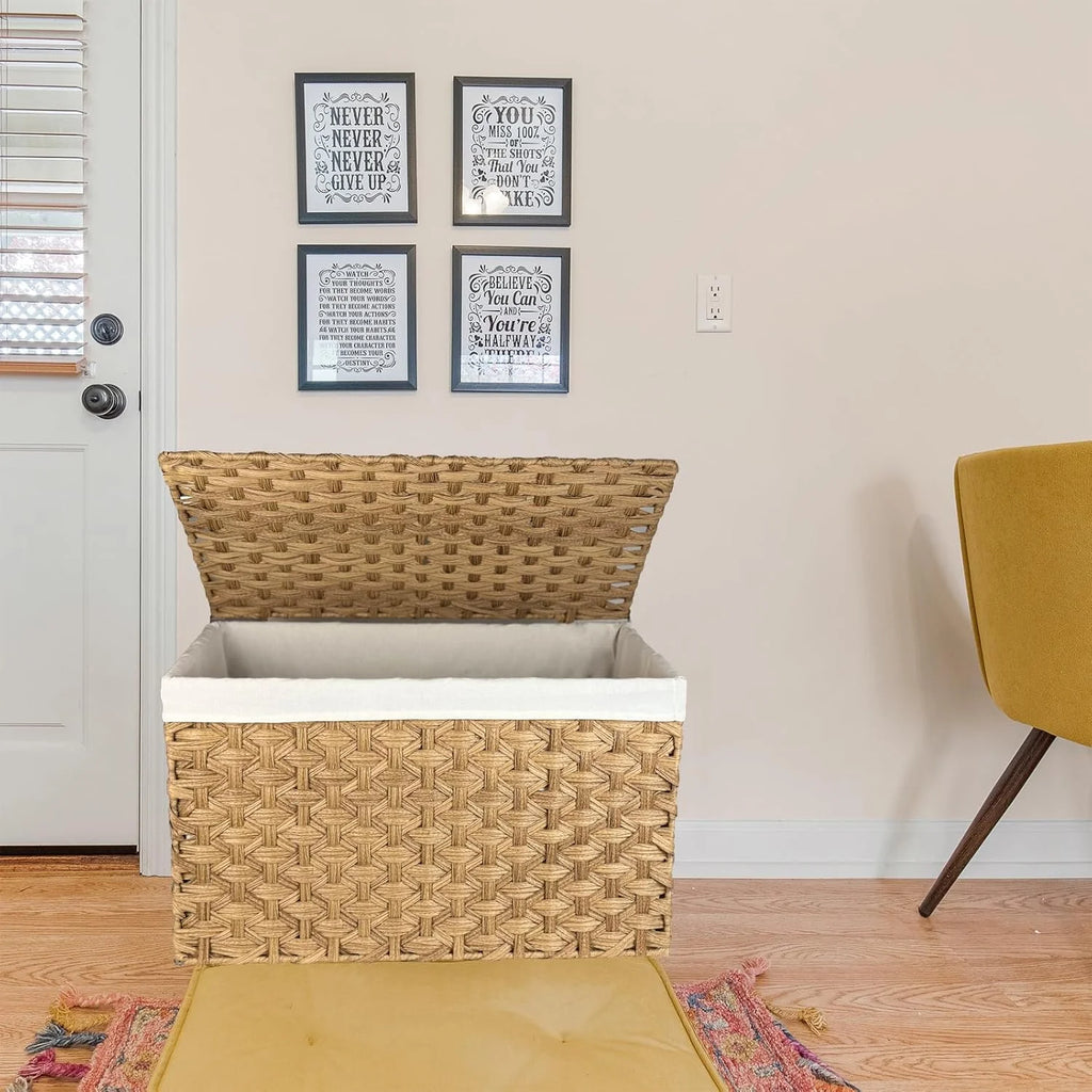 Wicker Storage Basket with Lid, 105L, Foldable, Brown K7m