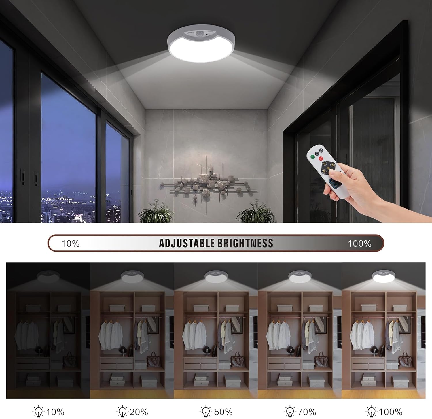 Rechargeable Motion Sensor Ceiling Light with Remote, Wireless Closet Light 8.7inch 6000K 8000mAh A7