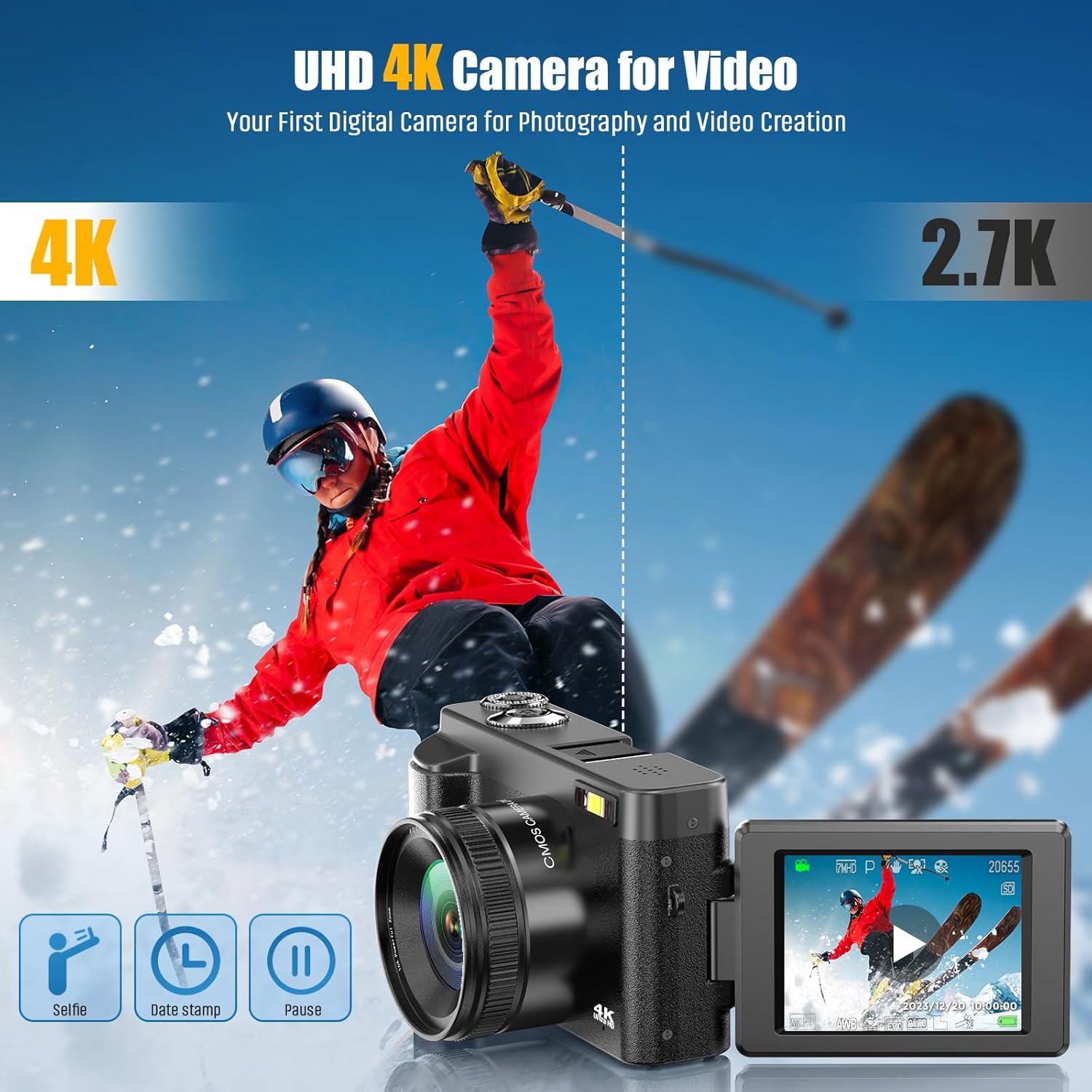 4K Digital Camera 48MP Autofocus Vlogging with Flip Screen 5x