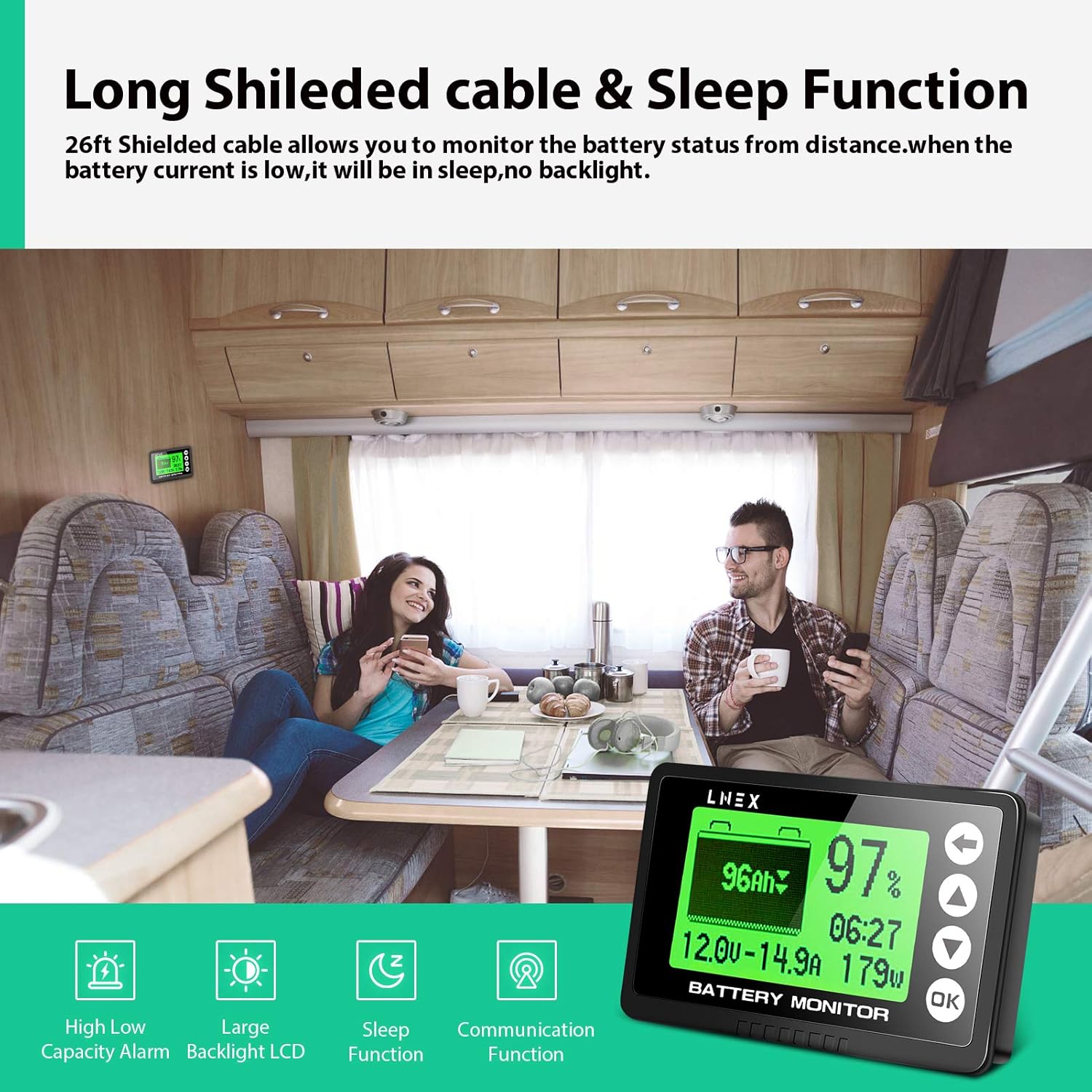Portable Battery Monitor with Shunt, 500A, 10V-120V, Alarm, 26ft Wire k7