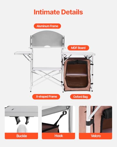 Camping Kitchen Table, Folding Outdoor Cooking Table with Storage Bag, Aluminum Cook Station, Quick Set-up for Picnics, BBQ, RV Traveling Brown k7