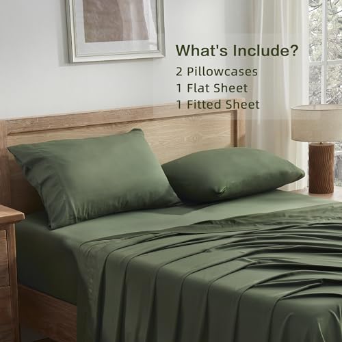 Queen Sheets Set, Cooling Bamboo Bedding, Deep Pocket, Dark Green K7
