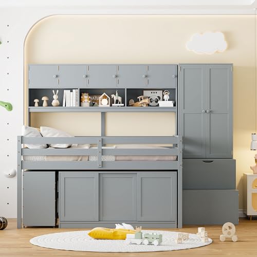 Solid Wood Twin Loft Bed with Storage Staircase and Desk 7k