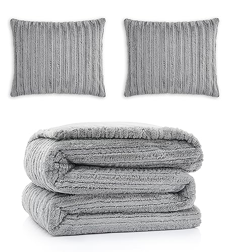 Plush Faux Fur Comforter Set with Pillow Shams, Full/Queen, Seal Grey k7