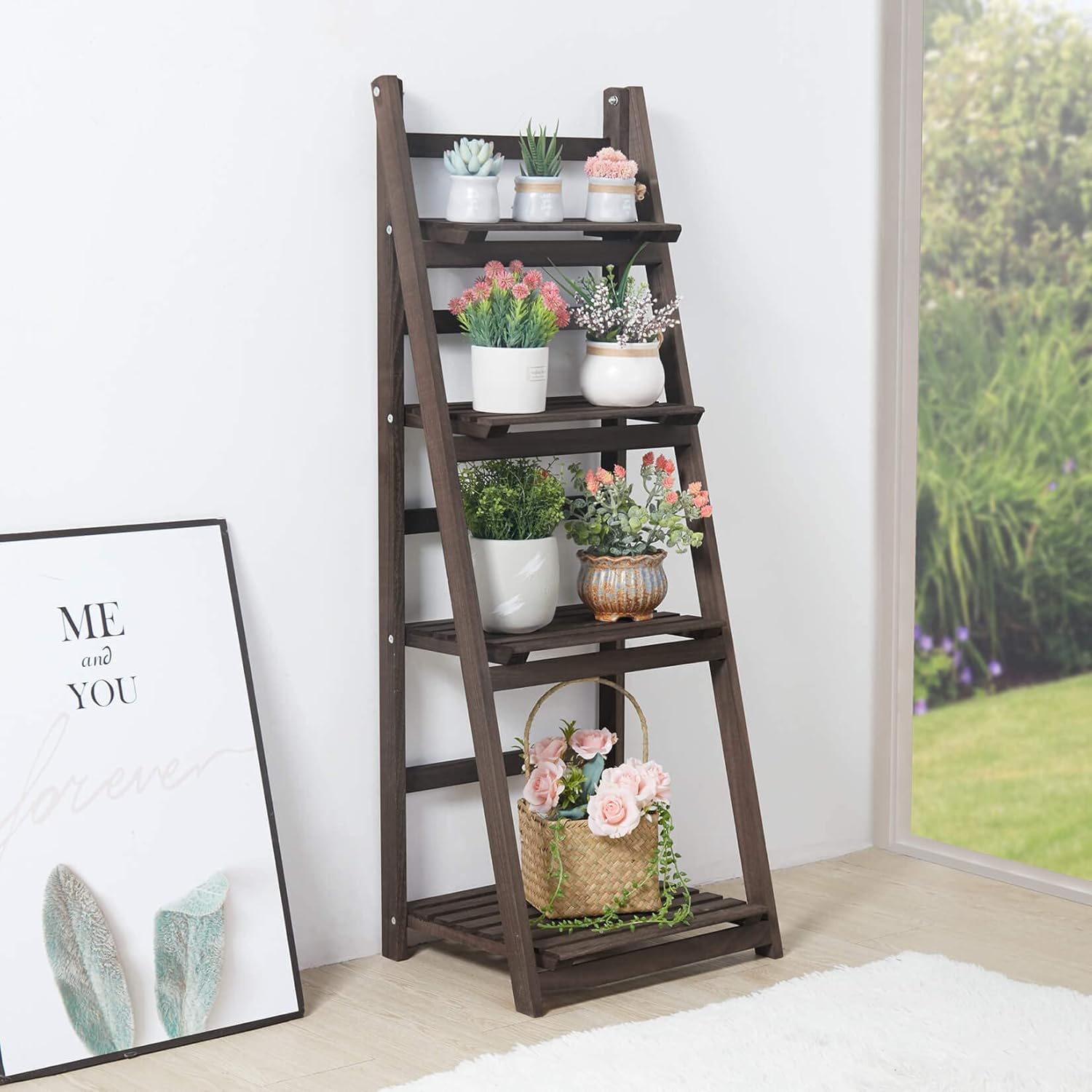 4 Tier Tall Ladder Plant Stand Wooden Indoor Garden Rack a7
