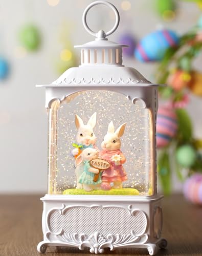 Easter Snow Globe Lantern with Timer Swirling Glitter, Indoor Decor A7