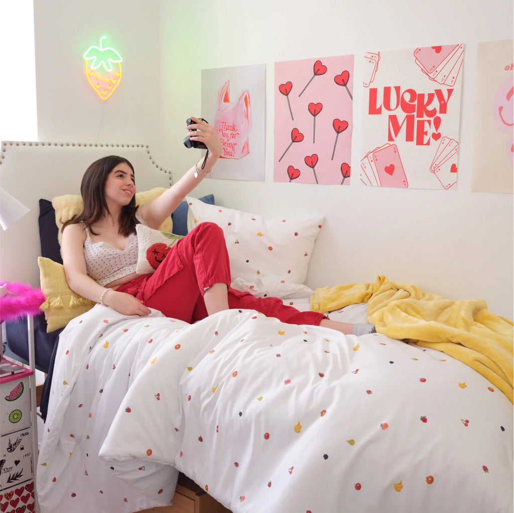 Fruit Showers Comforter and Sham Set White Rainbow Fruits Full Queen A7