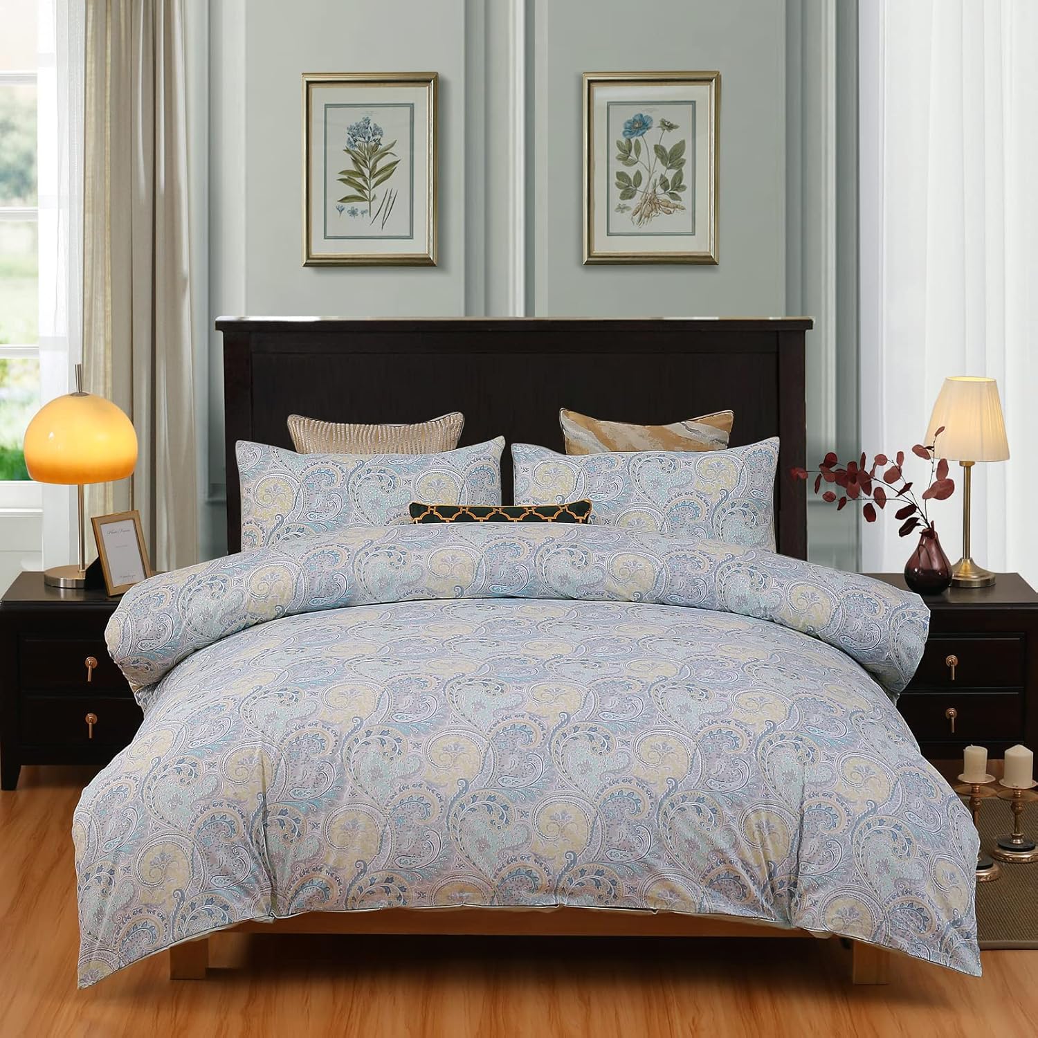 Duvet Cover Set with Zipper Queen White Green Leaves a7