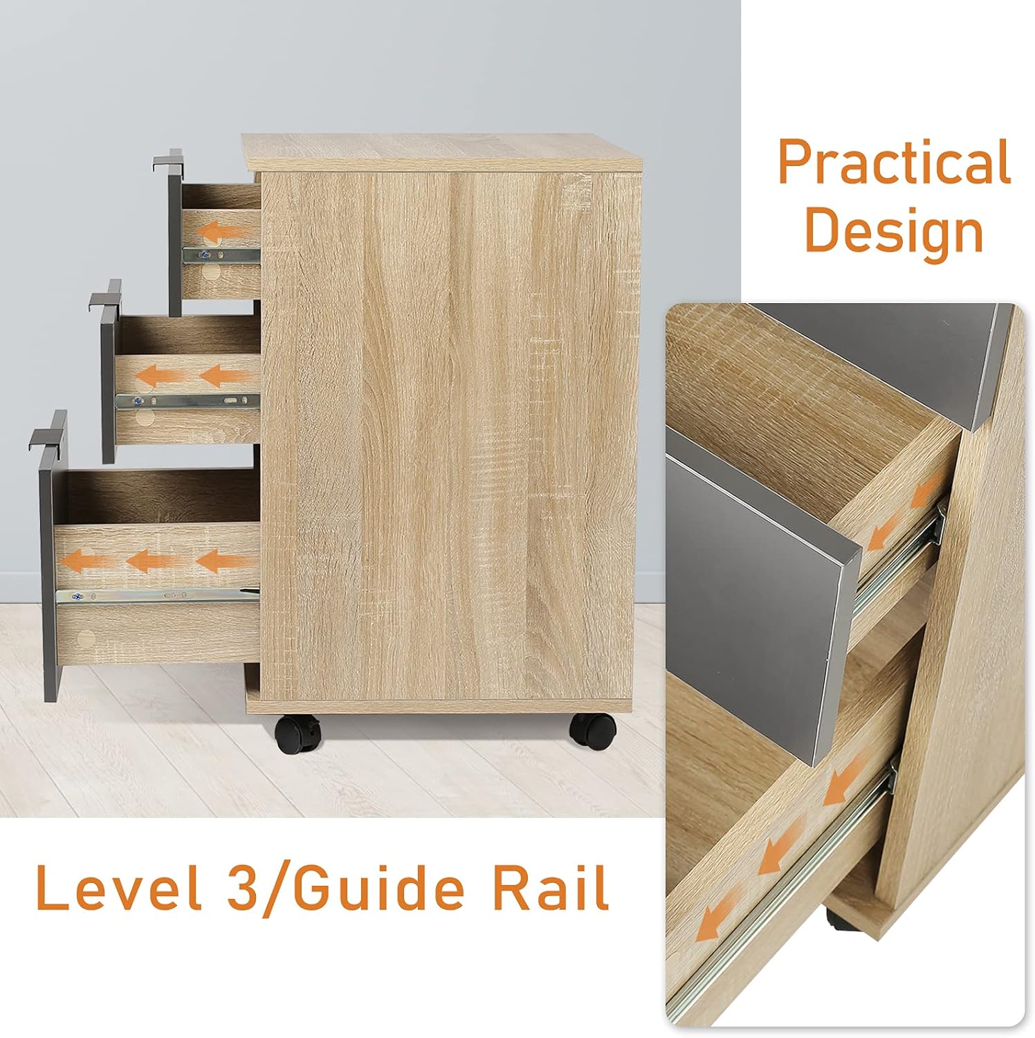 3 Drawer Rolling Wood File Cabinet with Wheels, Oak a7