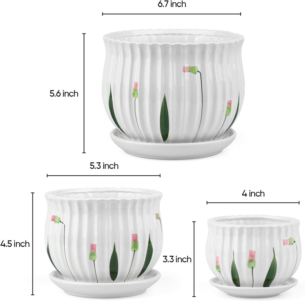 Ceramic Plant Pots Set of 3 with Saucers a7
