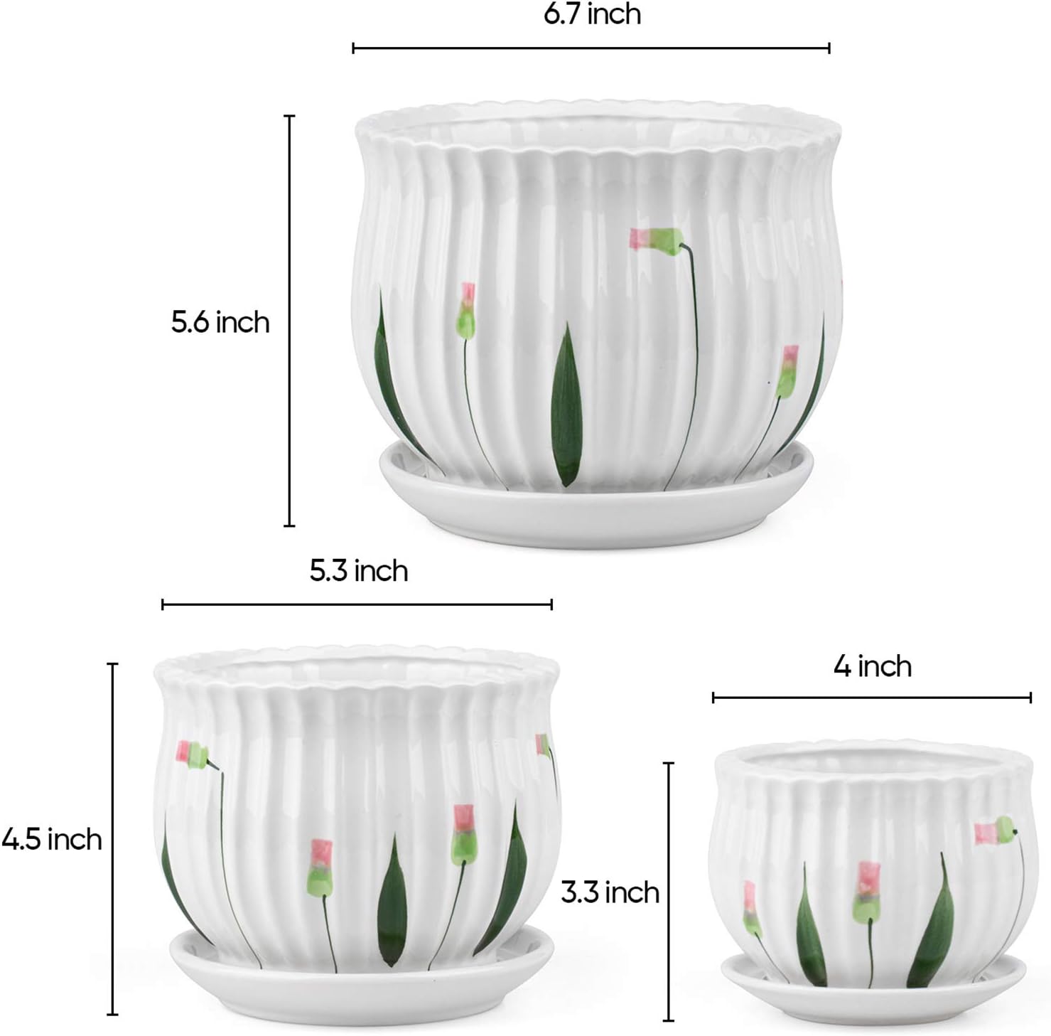 Ceramic Plant Pots Set of 3 with Saucers a7
