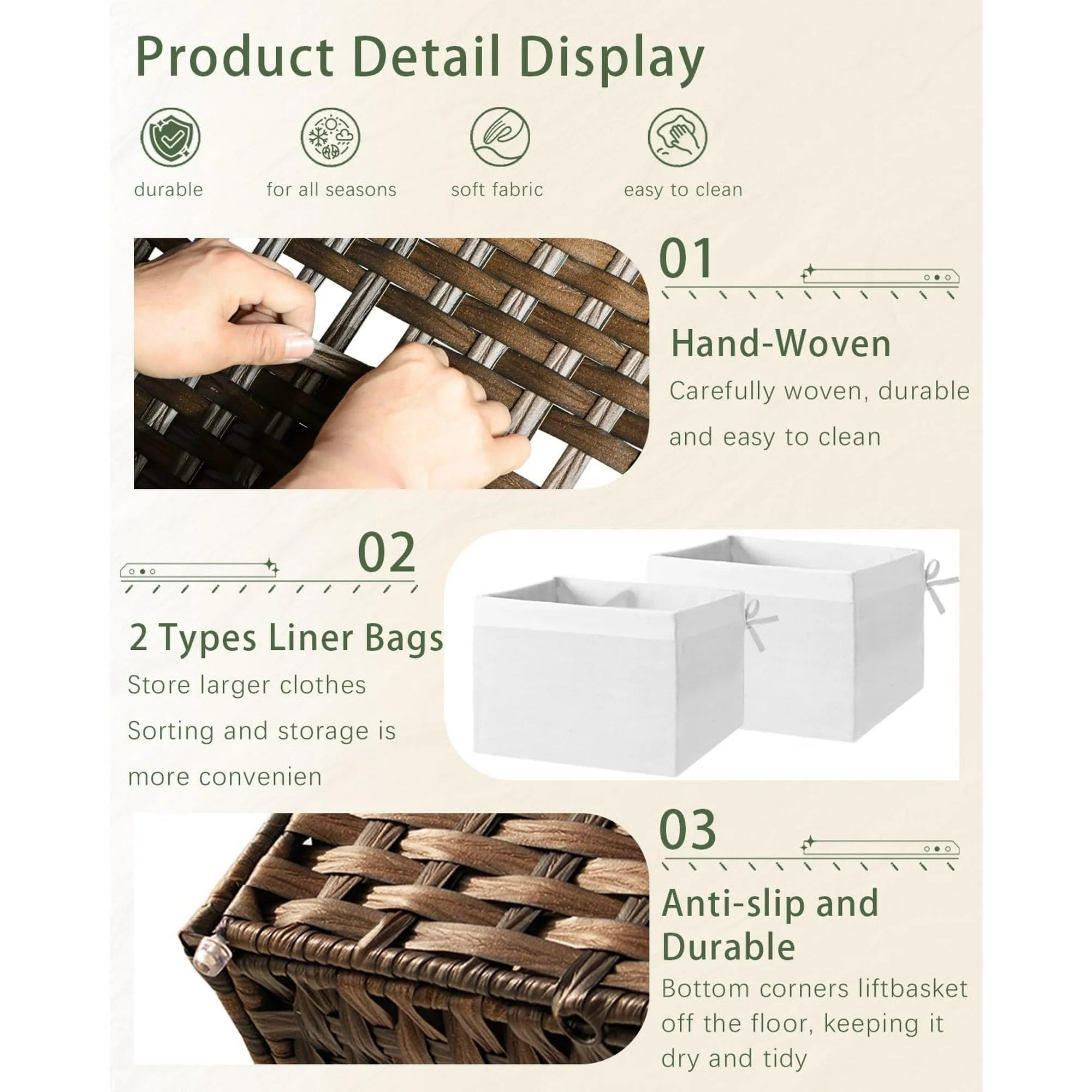 Woven Storage Basket with Lid, 65L Foldable, Gray a7