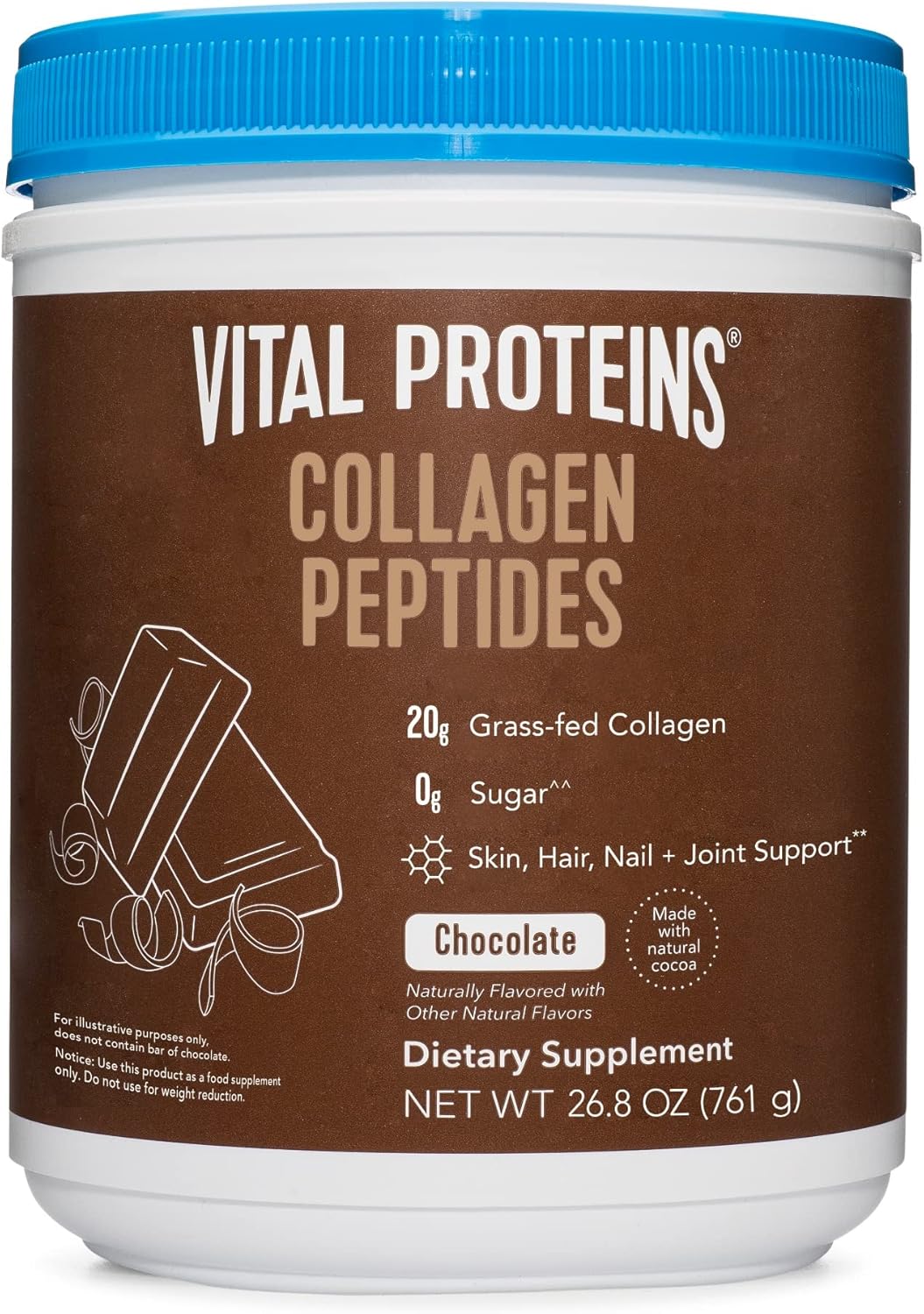Vital Proteins Chocolate Collagen Powder Supplement (Type I, III) for Skin Hair Nail Joint - Hydrolyzed Collagen - 27g per Serving - Chocolate Flavor, 26.8 oz Canister Pack of 2