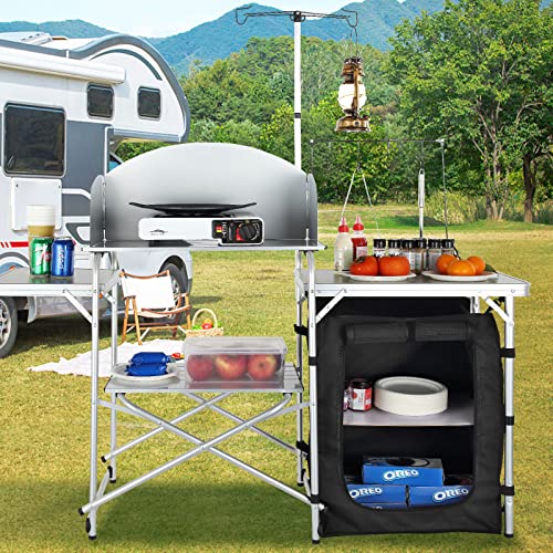 Camping Kitchen Table, Folding Outdoor Cooking Table with Storage Bag, Aluminum Cook Station, Quick Set-up for Picnics, BBQ, RV Traveling Brown k7