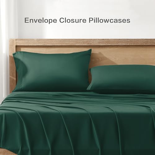 Queen Sheets Set, Cooling Bamboo Bedding, Deep Pocket, Dark Green K7