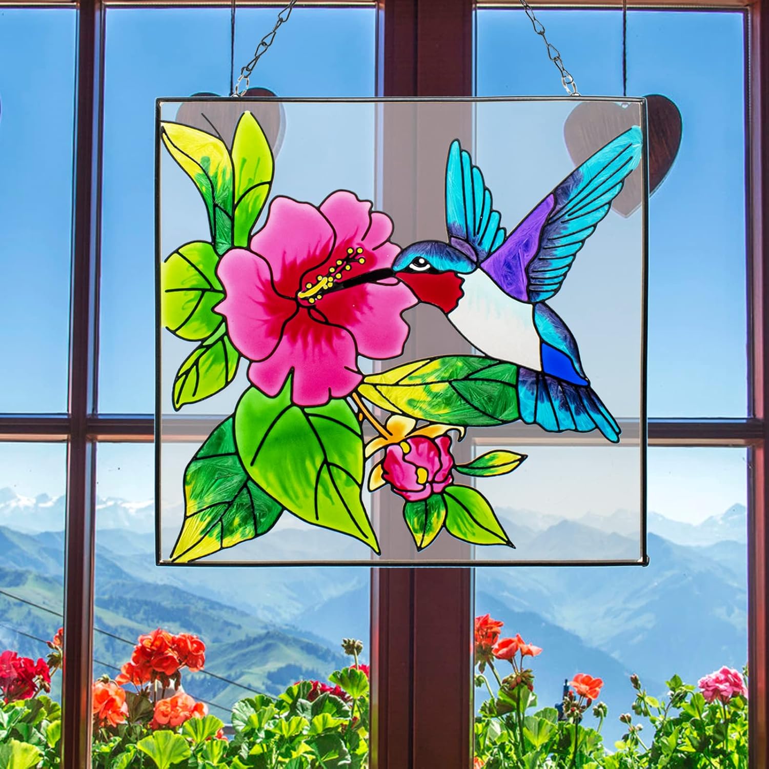 Stained Glass Hummingbird Suncatcher with Metal Chain Decor k7