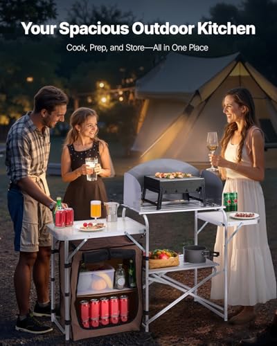 Camping Kitchen Table, Folding Outdoor Cooking Table with Storage Bag, Aluminum Cook Station, Quick Set-up for Picnics, BBQ, RV Traveling Brown k7
