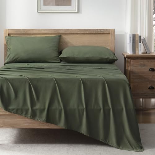 Queen Sheets Set, Cooling Bamboo Bedding, Deep Pocket, Dark Green K7