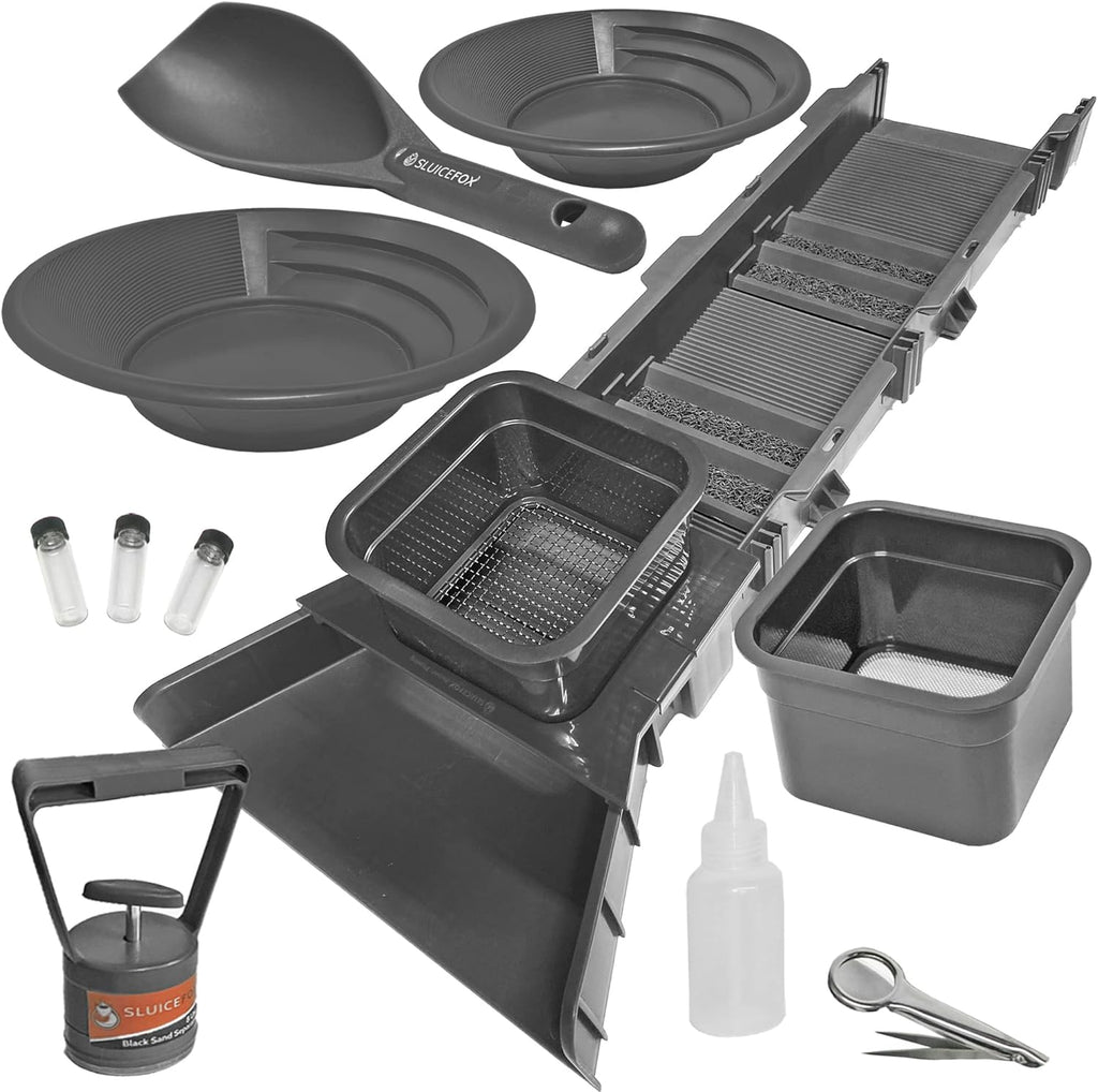 31 inch Sluice Box Compact Gold Panning Kit; Portable Sluice Box and 2 Classifier sifting Pans; classify While You Sluice with This Patented Prospecting Tool Set (Black)