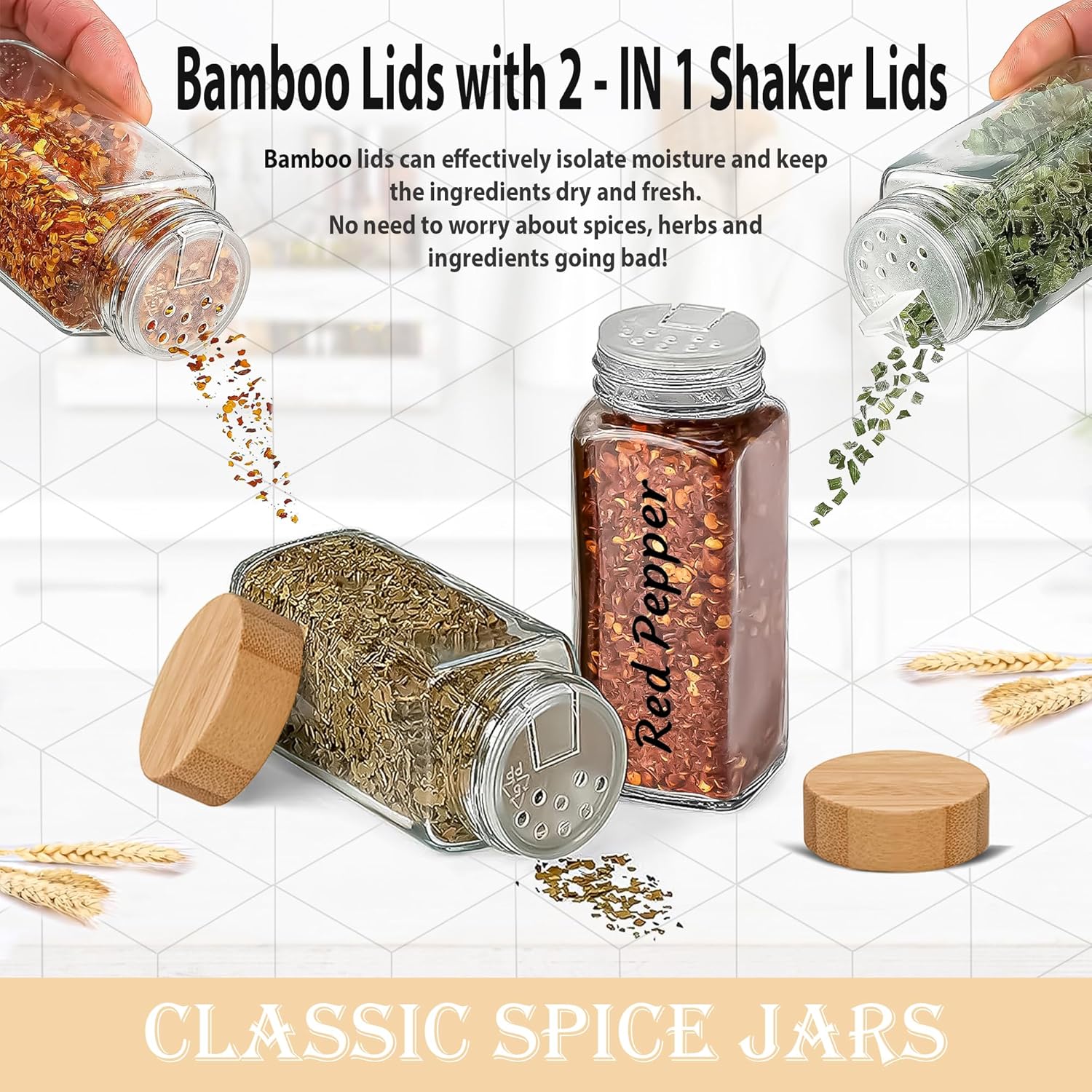 Glass Spice Jars with Bamboo Lids 2-Pack 4oz Square Shaker Bottles k7