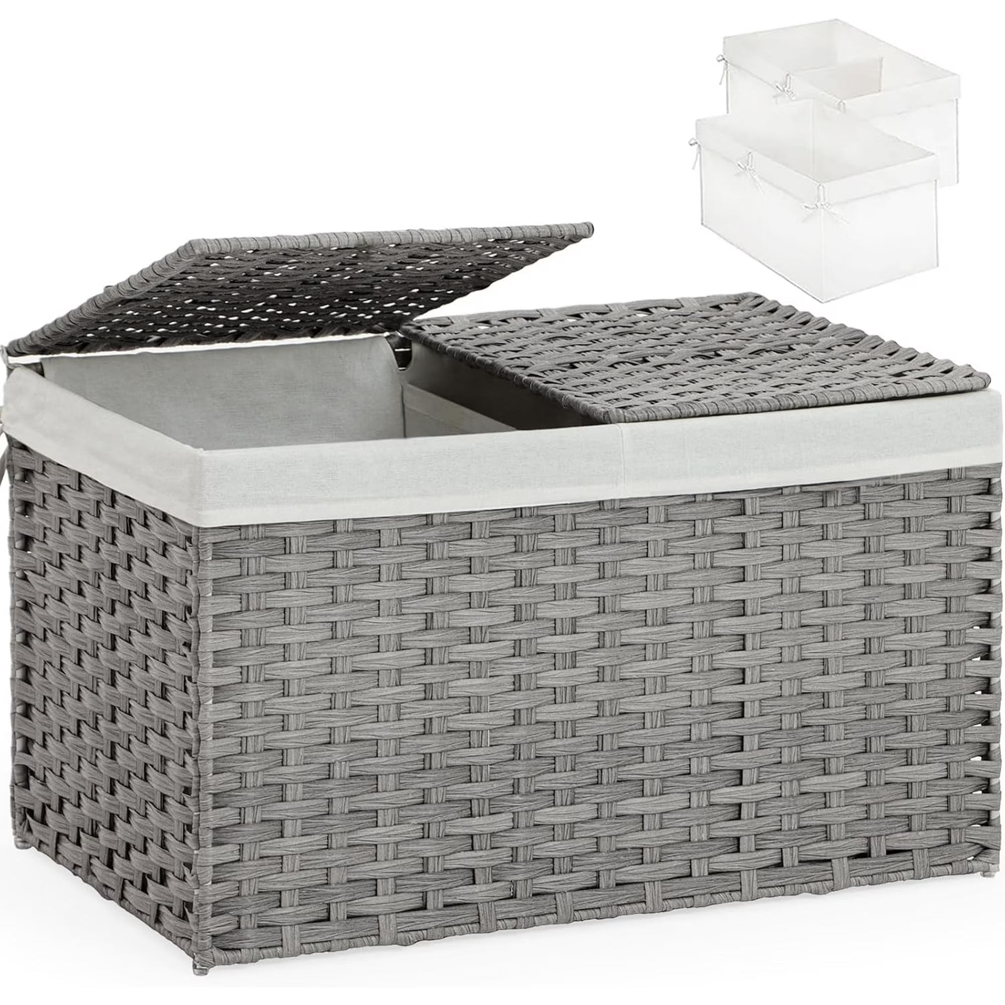 Storage Basket with Lid Rattan, Woven Storage Baskets with 2 Separate Lids, 17.2 Gallon (65 L), 22.2 x 13 x 13.8 Inches, Foldable, 2 Removable Liner Bags Handles for Bedroom, Laundry Room Gray