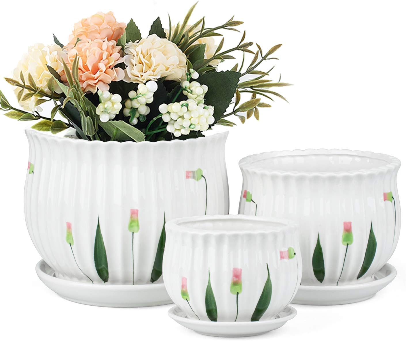 Ceramic Plant Pots Set of 3 with Saucers a7