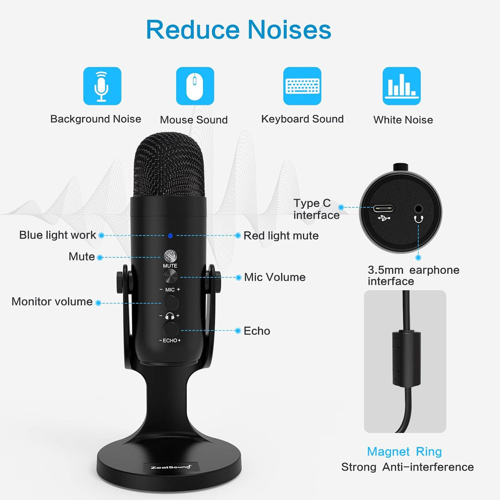 USB Condenser Mic for PC Gaming Podcast Black k7