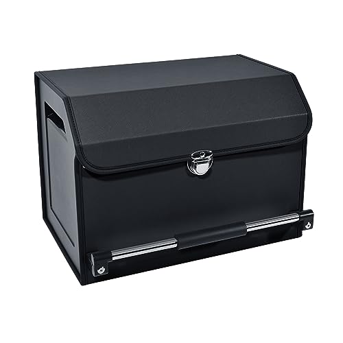 XCF Car Organizer Trunk, Durable Collapsible Leather Trunk Organizer with Lid and Sturdy Handle, Auto Cargo Storage Compartments, SUV/Car Accessories for Men/Women (11.4 x 27 x 12.2, Black)