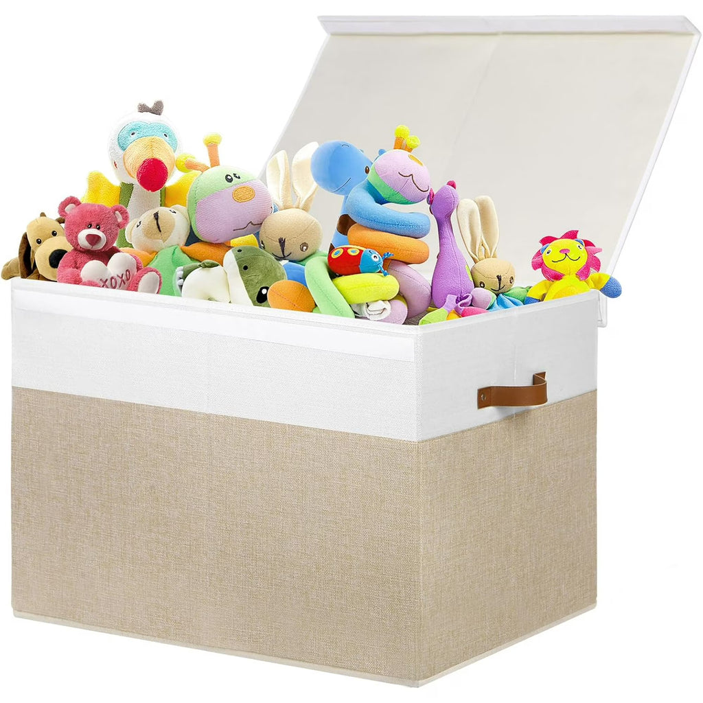 Extra Large Toy Storage Box with Lid, Sturdy Toys Storage Chest Bin Organizer Basket with Dividers for Kids, Boys, Girls, Nursery, Closet, Bedroom, Playroom 35.5x17x17(Beige and White)