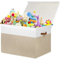 Extra Large Toy Storage Box with Lid, Sturdy Toys Storage Chest Bin Organizer Basket with Dividers for Kids, Boys, Girls, Nursery, Closet, Bedroom, Playroom 35.5x17x17(Beige and White)