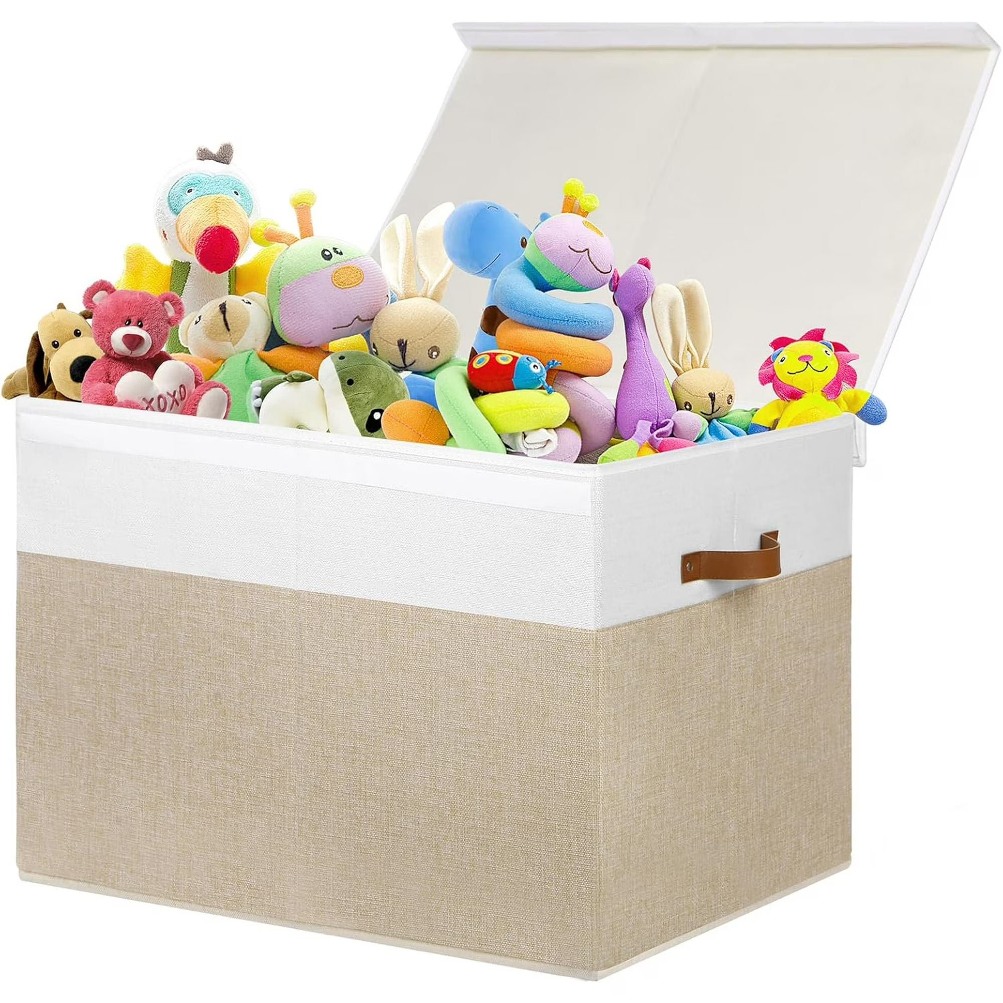 Extra Large Toy Storage Box with Lid, Sturdy Toys Storage Chest Bin Organizer Basket with Dividers for Kids, Boys, Girls, Nursery, Closet, Bedroom, Playroom 35.5x17x17(Beige and White)