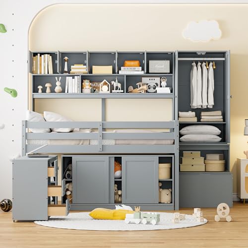 Solid Wood Low Loft Bed with All-in-One Big Storage and Mobile Desk, Twin Size Loft Bed Frame with Built-in Wardrobe and Storage Staircase for Kids Teens Boys Girls, Space-Saving, White-a