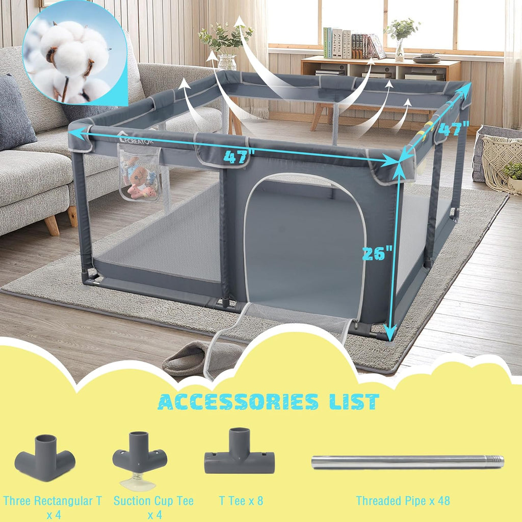 Kids Playpen for Babies, Large Square Indoor & Outdoor, Easy Assembly Mesh Fence 50x50 Grey k7